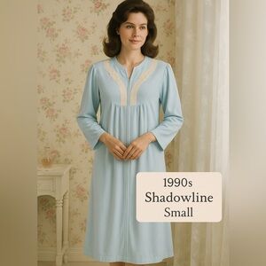 Vintage Shadowline Robe • Small • Light Blue • Brushed Fleece • Lace Trim